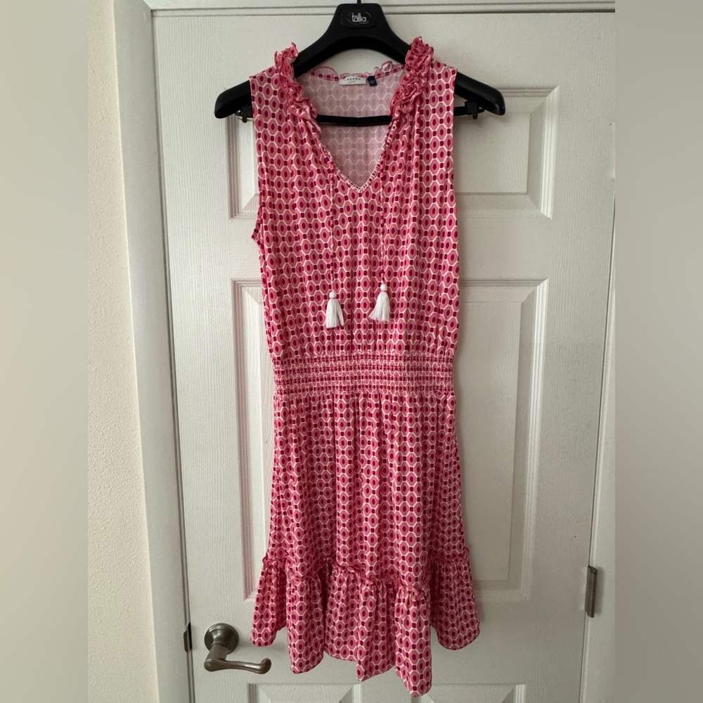 CABANA LIFE Coral Gables Smocked Waist Dress, Pink and White Geometric Size L - Picture 4 of 7